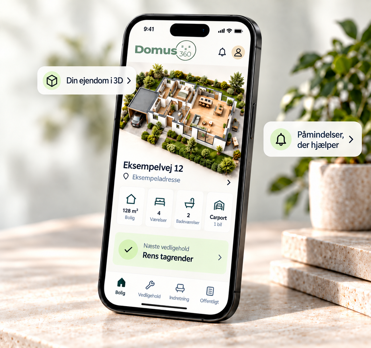 Domus360 på telefonen med en detaljeret 3D-model af et hus